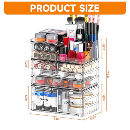 Cq Acrylic 3-Pack Clear Makeup Organizer with 8 Drawers - Stackable Vanity Storage