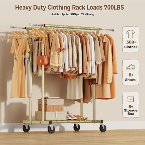 Heavy Duty Rolling Clothes Rack with Shelves - Gold, Supports 700LBS