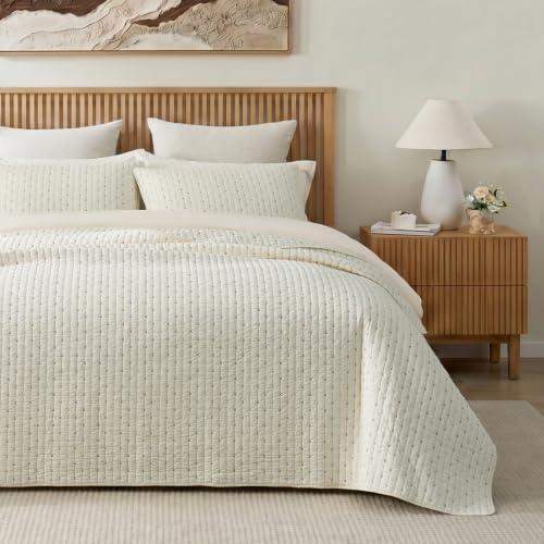 Cream White Cross Stitch Quilt Set - 100% Cotton King Bedding with Pillow Shams