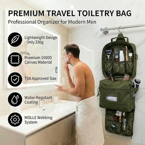 Men's Travel Toiletry Bag Hanging Dopp Kit - Green, Lightweight & Organizer