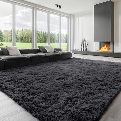 8x10 Ft Black Large Area Rug - Machine Washable Fluffy Shaggy Bedroom & Living Room Carpet