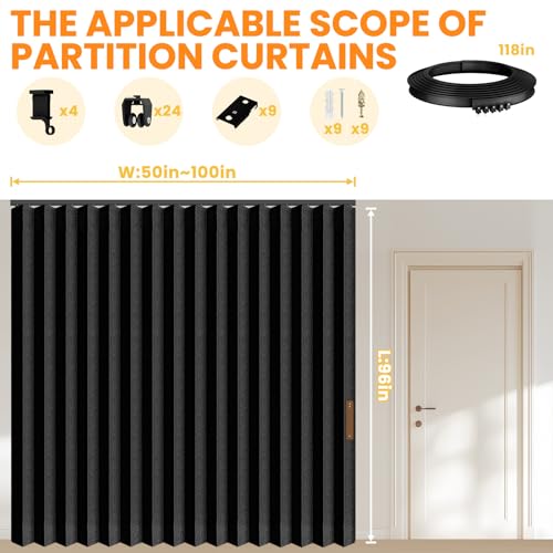 Black Room Divider Curtain Set with Flexible Ceiling Track - 100W x 96L, 1 Pack