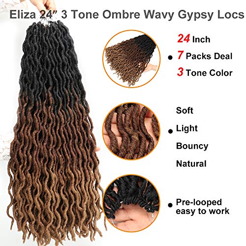 Eliza 24 Inch Wavy Gypsy Faux Locs Crochet Hair OM3T3027 - 7 Packs Goddess Locs for Black Women