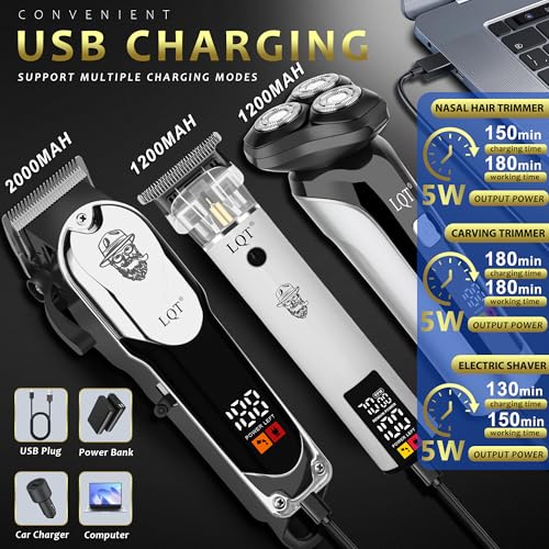 Professional Barber Kit for Men, Cordless Hair Clipper, Trimmer & Rotary Shaver Set with LED Display, USB-C Rechargeable Battery,Precision Blades,Adjustable Speeds,Low Noise,Grooming Gifts for Men
