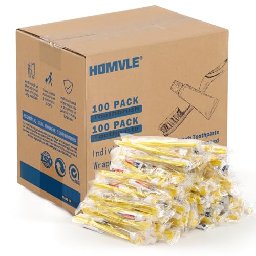Yellow Disposable Toothbrushes with Toothpaste - 100 Pack Individually Wrapped