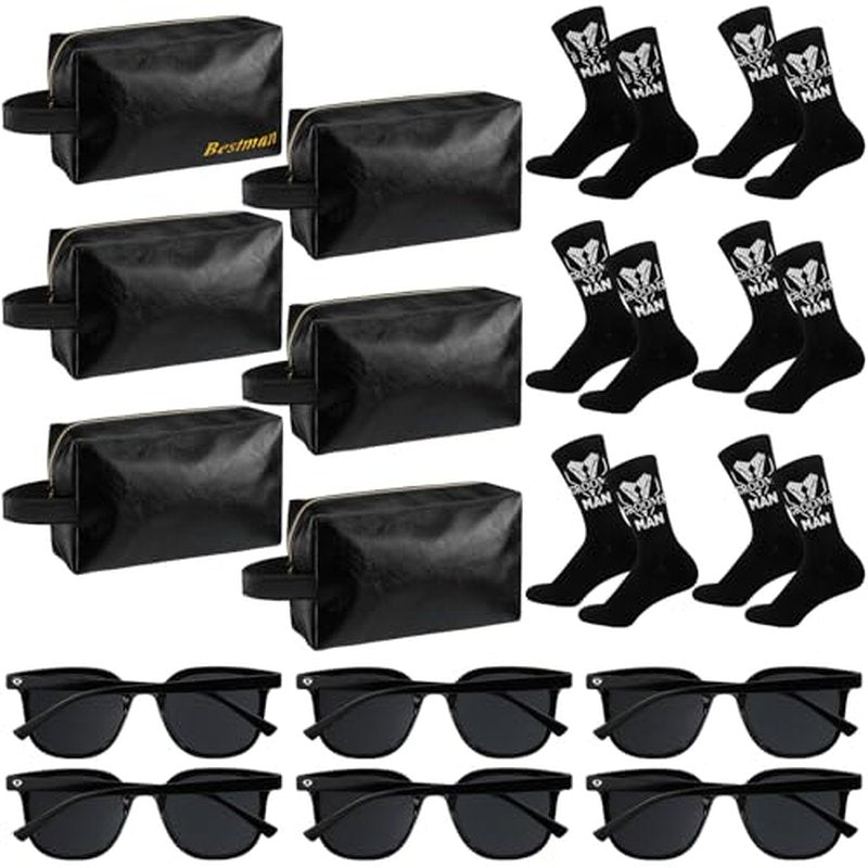 18 Pcs Groomsmen Gifts Set of 6, Groomsman Proposal Gift Includes 6 Leather Toiletry Bags 6 Sunglasses and 6 Pairs of Socks for Wedding Man Gift Bachelor Party Favors