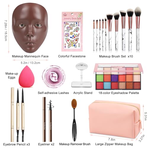 Makeup Mannequin Face - Silicone Head with Makeup Kit, Brushes & Bag for Practicing Skills or Gifts