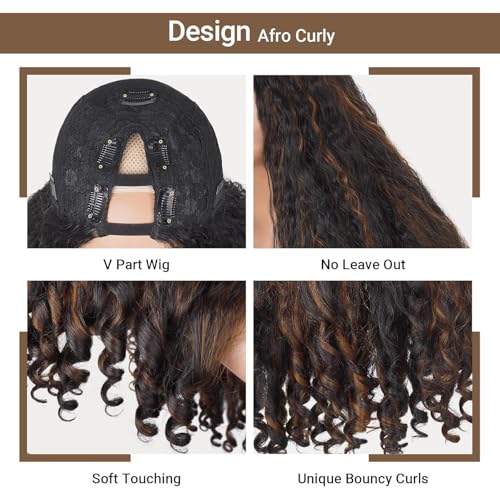 Afro Curly V Part Wig & Half Wig - Glueless Synthetic Wig for Black Women, 4C Hair, Style 1BH30 / 22