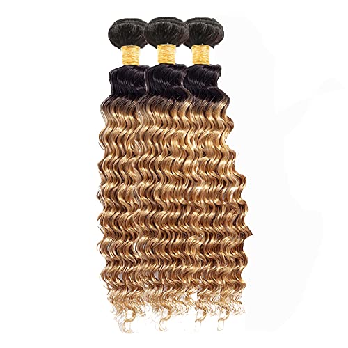 Weeybay 1B/27/D Deep Wave Human Hair Bundles Ombre Blonde 14/16/18 Inch - Black & Honey Blonde, 150g/Pack