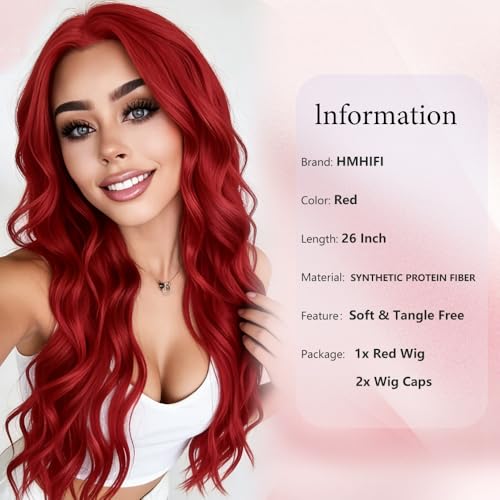 Red Wavy Wig for Women - 26 Inch Long Curly Middle Part Hair - Variation of 26'' / Red