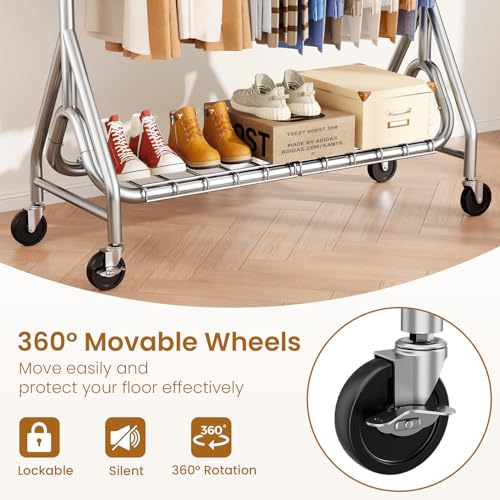 Heavy Duty Clothes Rack with Double Rods & Lockable Wheels - Silver, 560lbs Capacity