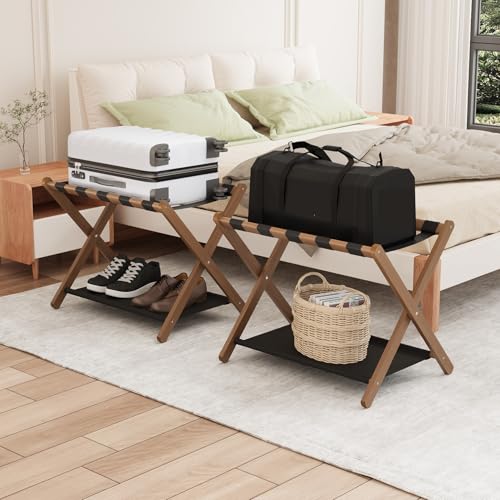 Walnut Bamboo Luggage Rack Set of 2 - Foldable Suitcase Stand with Storage Shelf
