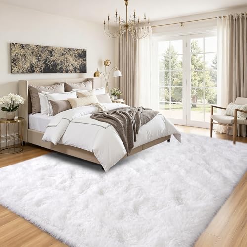 Rezutan Large 8x10 White Shag Rug – Soft Fluffy Non-Slip Area Carpet for Living Room & Bedroom