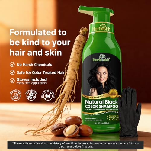 Herbishh Natural Black Hair Dye Shampoo 500ml for Gray Hair Coverage