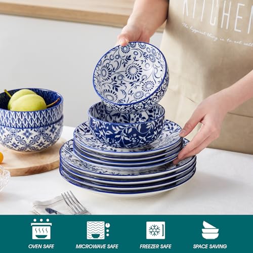 Cobalt Blue 12-Piece Dinnerware Set for 4 - Plates & Bowls, Microwave & Dishwasher Safe