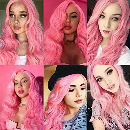 Long Pink Wavy Wig for Women 26 Inch Pastel Pink Hairpiece with Realistic Hairline - Variation of Pink