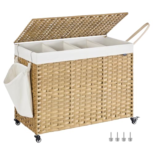 SONGMICS 210L Natural Synthetic Rattan Rolling Laundry Hamper with Lid & Removable Liners