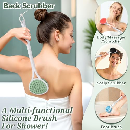 Silicone Back & Face Scrubber Set, 15.35¡¯¡¯ Soft Back Scrubber for Shower with Dual-Side Brush Head, Gentle Silicone Facial Scrubber Face Brush for Deep Lathering & Cleansing(Green-2PCS)