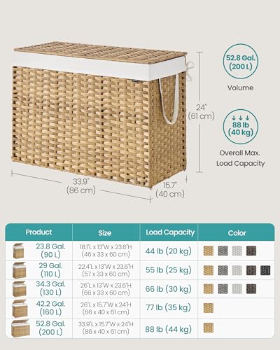 Laundry Hamper with Lid 200L 4-Section Wicker Basket + Mesh Bags - Natural
