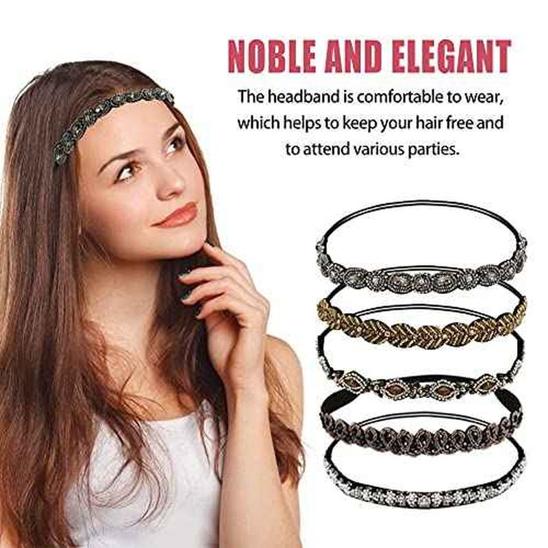 Elastic Rhinestone Headbands for Women, 5Pcs Handmade Crystal Beaded Elastic Headband Set Fashion Vintage Diamond Jewel Hair Band Headwear Hair Accessories for Ladies and Girls