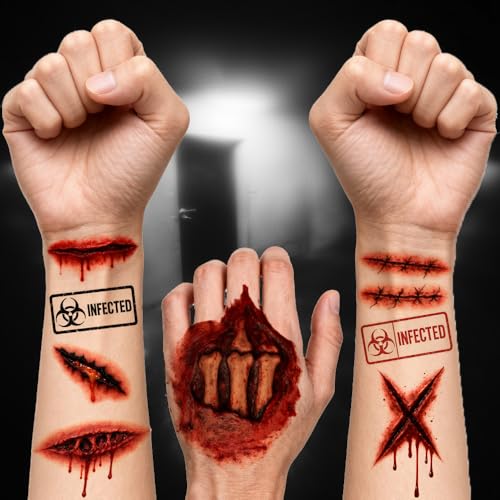 Halloween Zombie Tattoos Kit ? 6 Sheets (4 Zombie Tattoos + 2 Wound Tattoos) ? Fake Scars Temporary Tattoos for Adults, Women, Men ? Realistic Zombie Makeup Kit, Scary Halloween Makeup Accessories (A)