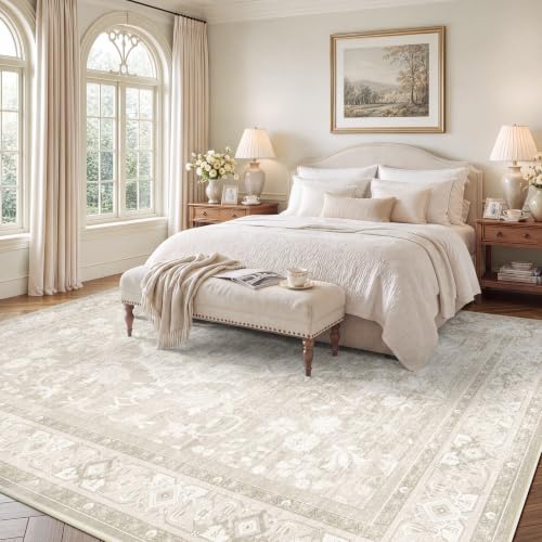 SameBed 8x10 Beige Vintage Area Rug Living Room, Washable, Non-Slip