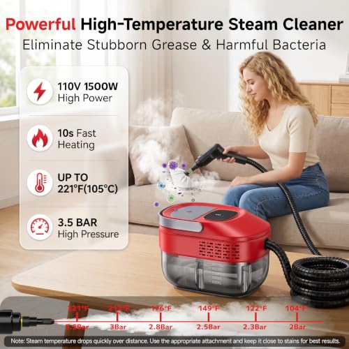 Steam Cleaner with 54oz Water Tank & 16-Piece Home & Car Cleaning Set - Red