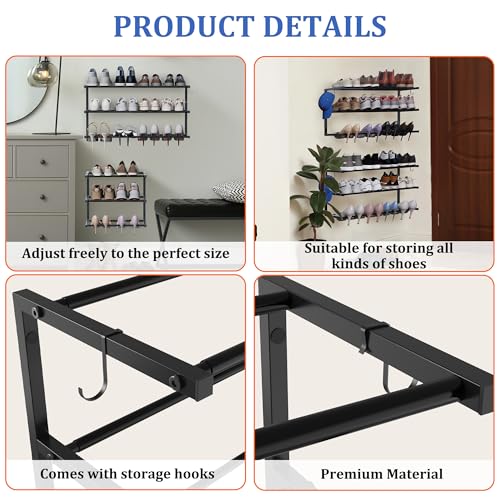Black 4 Pack Wall Mounted Shoe Rack Adjustable 3-Tier Organizer with Hooks