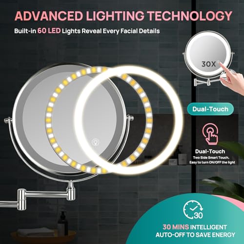 Chrome Wall Mounted Lighted Makeup Mirror Double Sided 1X/30X Magnification