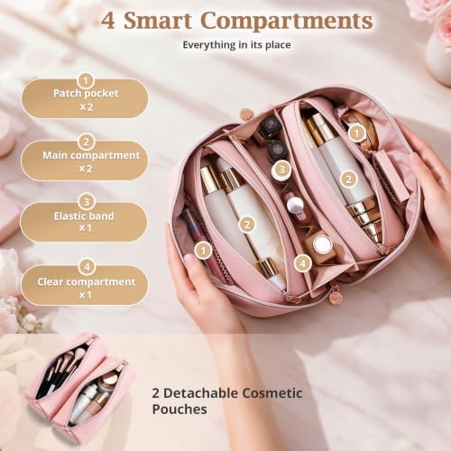 Travel Makeup Bag Organizer for Women with Detachable Pouches, Water-Resistant Leather