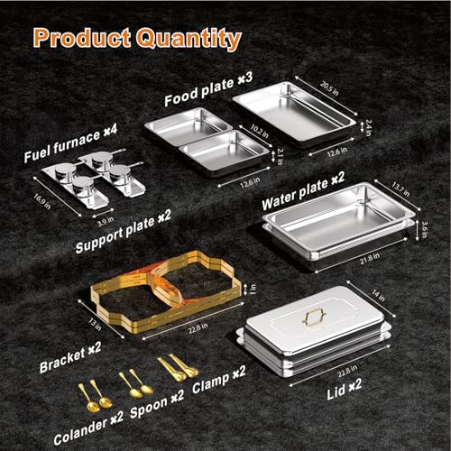 Gold Stainless Steel Buffet Chafing Dishes Set - 2 Pack 9 Quart Food Warmers