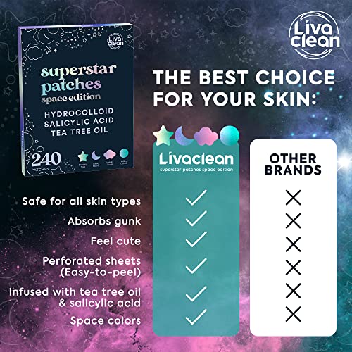 LivaClean (240 + 240 CT) Superstar Acne Patches w/Salicylic Acid & Tea Tree Multicolored & Mixed - Cute Acne Patches, Hydrocolloid Star Pimple Patch for Healing, Cute Face Stickers