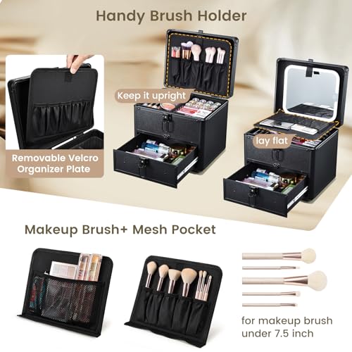Makeup Case with Drawer, Detachable Lighted LED Mirror, Makeup Organizer Box Travel Make up Vanity Case Portable Cosmetic Train Case for MUA Lockable Makeup Suitcase with Adjustable Dividers