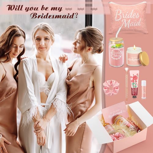 Meanplan 14 Pcs Bridesmaid Proposal Gifts Set, Will You Be My Bridesmaid Gifts with Proposal Box Glass Cup Makeup Bag Cards Lip Balm Hand Cream Candle Scrunchie Bracelet Diamond Pen for Wedding(Pink)