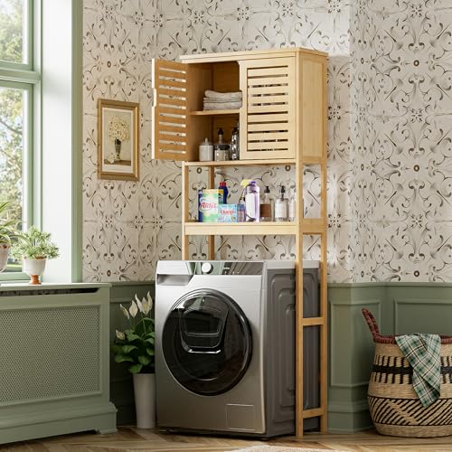 Bathroom Over Toilet Storage Cabinet - Natural Bamboo, 2 Doors & Adjustable Shelves