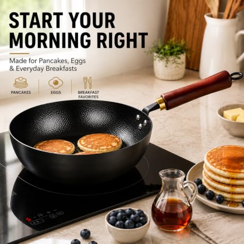 11-Inch Carbon Steel Wok with Flat Bottom & Detachable Handle – Deep Frying Pan for All Cooktops