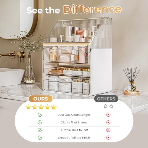 Makeup Organizer Countertop with Drawers & Lid, Skincare Organizer for Vanity, Large Cosmetic Organizer & Display Cases and Storage for Bathroom & Desktop. Perfect for Girl Women Mom Gifts