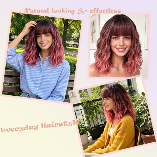 Ombre Pink Wig with Bangs - 14 Inch Short Wavy Curly Bob Hair for Women (Variation: Ombre Pink)
