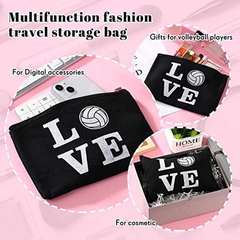 18 Pieces Volleyball Pouch Love Makeup Bag Organizer Travel Women Volleyball Gifts Small Zipper Volleyball Bags Canvas Toiletry Volleyball Team Bag Cute Storage Cosmetic Pencil Case for Players