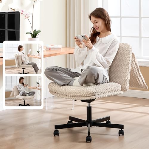 Fizzin Beige Cross Cross Chair with Memory Foam Cushions & Wheels, Armless Home Office Seating