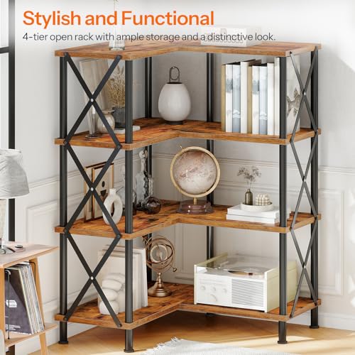 HOOBRO 4-Tier Corner Bookcase with Rustic Brown & Black Finish, L-Shaped Adjustable Shelving