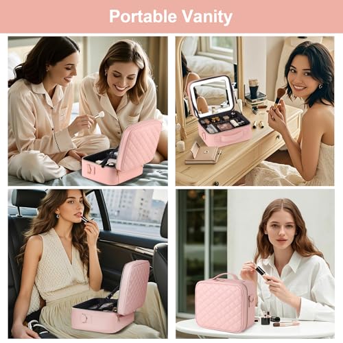 BEAUTY CASE Makeup Case with LED Light Mirror, 10 Inch Portable Travel Cosmetic Organizer Bag with Adjustable Dividers, Rechargeable, Large Capacity, Bright Lighting, Gift for Women Girls, Pink