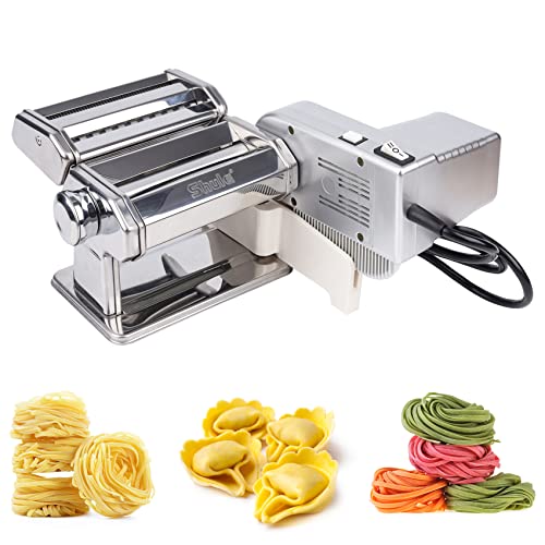 Electric Pasta Maker Machine with Motor & Hand Crank, Ravioli Roller, Adjustable Thickness