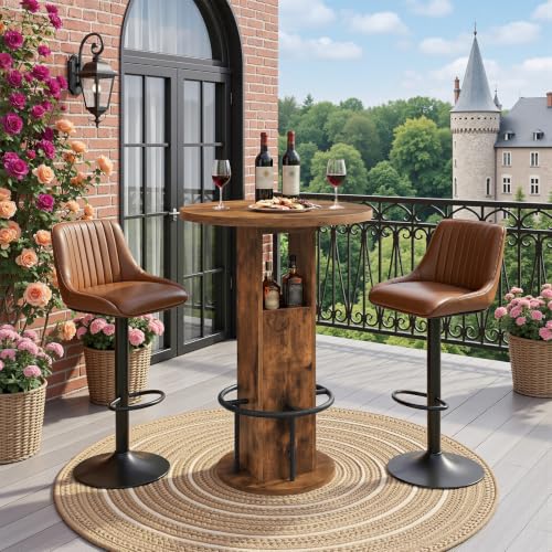 Rustic Brown Round Bar Table - 35.6" H Bistro Pub Table with Footrest