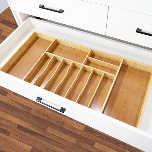 VaeFae Expandable Extra Large Bamboo Silverware Drawer Organizer with Knife Block, 20.6-35.04"