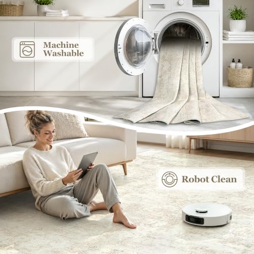 Beige 8x10 Washable Area Rug for Living Room and Bedroom - Non Slip, Pet Friendly