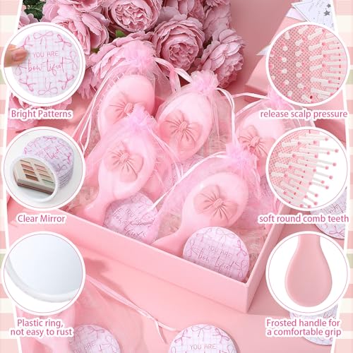 Pink Butterfly Wedding Party Favor Set - Mirror & Hair Brush with Coquette Bow Variation