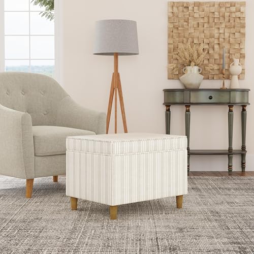 24-Inch Cream Marigold Pinstripe Storage Ottoman with Wooden Legs — Space-Saving Bench