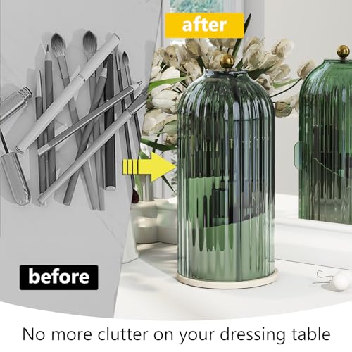 Makeup Brush Holder with Dustproof Cover 360 Rotating Makeup Brush Organizer for Vanity Bathroom, Green