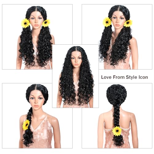 13x6 Lace Front Curly Synthetic Wig - 28 Inch 1B Free Part for Daily & Cosplay